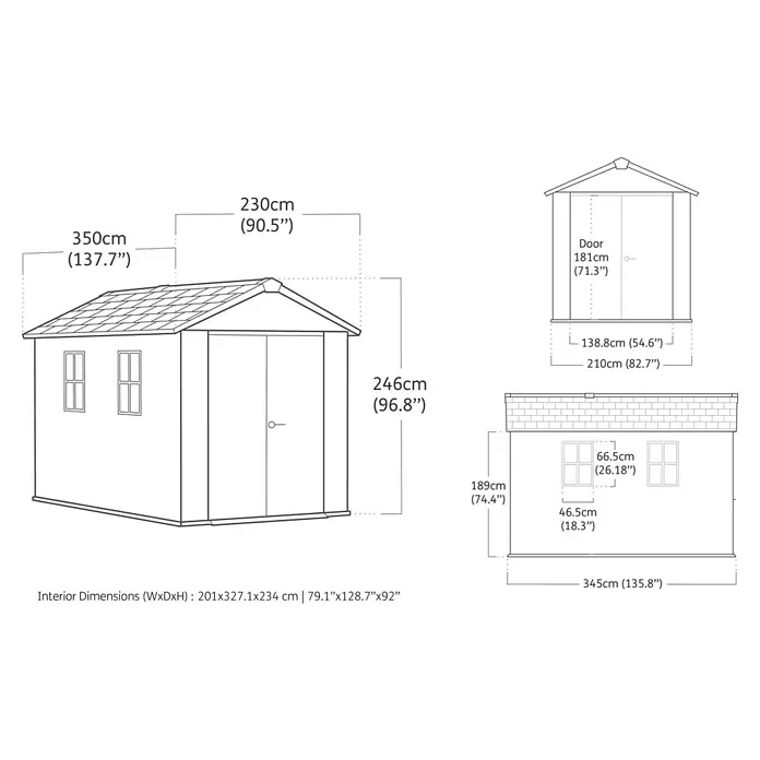 Keter Gerätehaus Newton Plus 7511 - Außenmaß inkl. Dachüberstand (B x T): 230 x 350 cm, Kunststoff, Schiefergrau - Diagramm eines Gerätehauses mit Größenangaben zu Türen, Fenstern und Gesamtabmessungen für eine detaillierte Produktansicht.