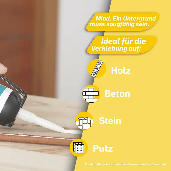 Pattex Kleben statt Bohren Montagekleber - Weiß, 133 g - Das Bild zeigt eine Kartusche mit Klebstoff und Hinweise, auf welchen Oberflächen der Klebstoff idealerweise angewendet werden kann.