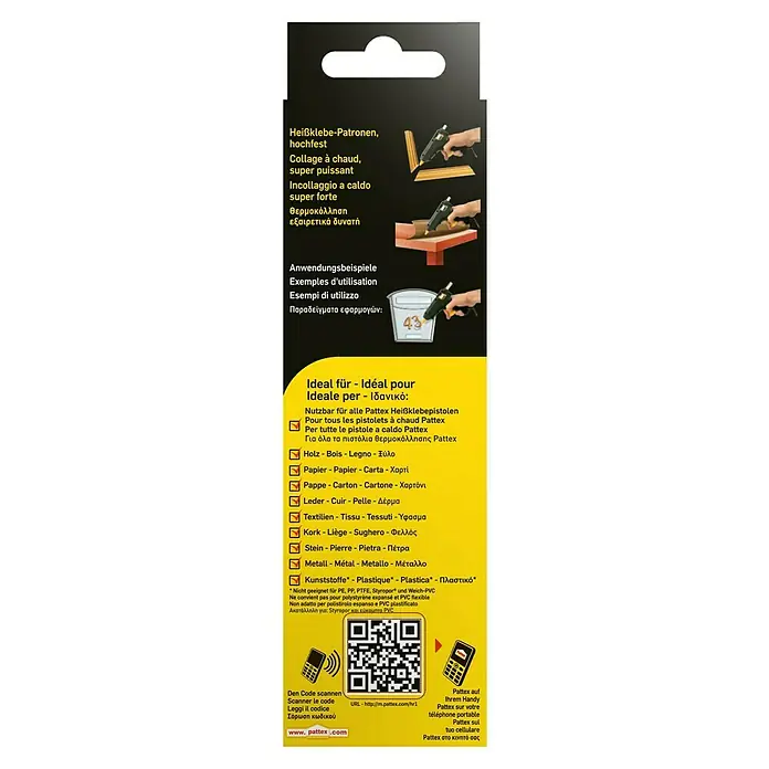 Pattex Klebepatronen - 10 Stk., Durchmesser Klebepatrone: 11 mm - Pattex Heißklebe-Patronen Verpackung: Ideal für Holz, Papier, Leder, Textilien, Kork, Stein und Metall. Zum Scannen für weitere Infos.