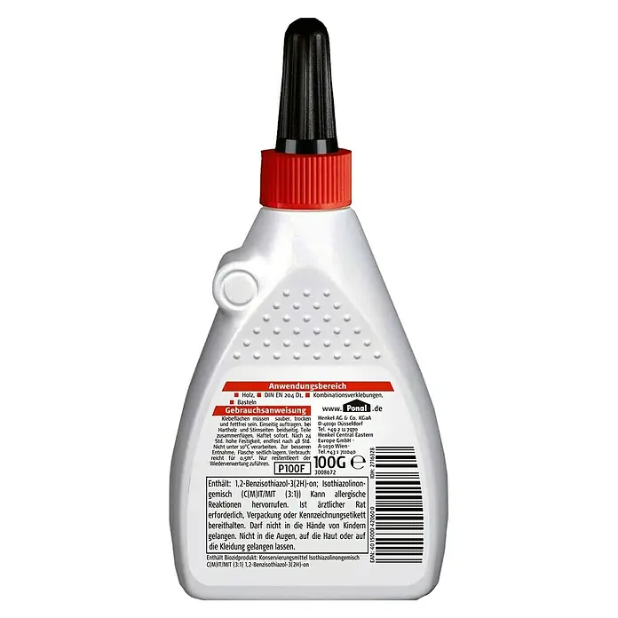 Ponal Holzleim Fix & Fest - 100 g, Lösemittelfrei - Nahaufnahme einer Flasche Ponal Holzkleber, ideal für Bastel- und Holzarbeiten, mit klarer Anwendungsanleitung und Sicherheitsinformationen.