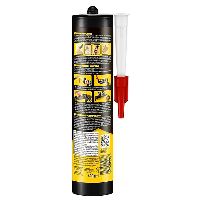 Pattex Montagekleber Kleben statt Bohren - 400 g - Eine weiße und schwarze Klebstoffkartusche mit roter Düsenkappe und gelb-schwarzem Etikett mit Produktdetails.