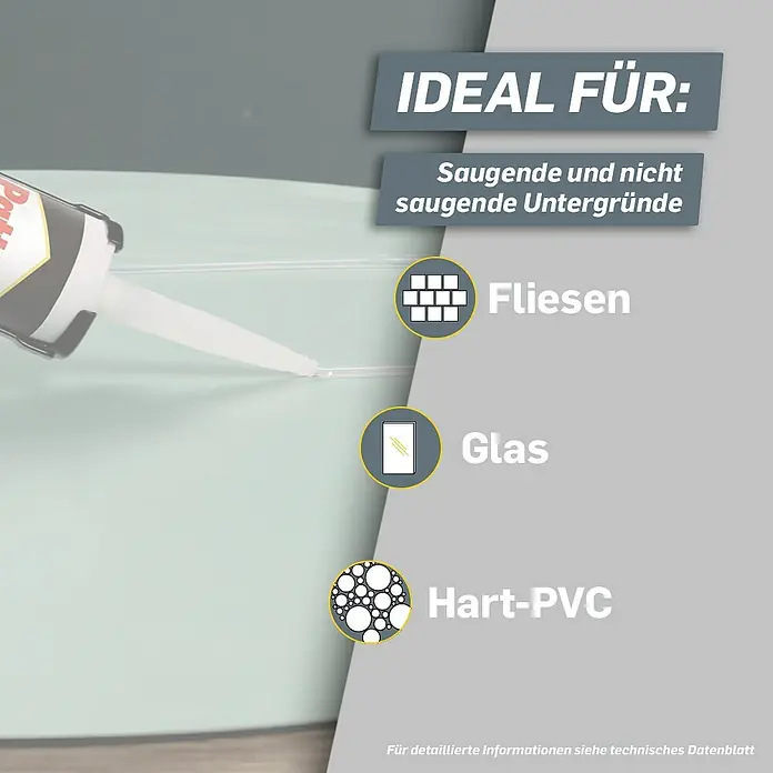 Pattex Kleben statt Bohren Montagekleber Kristallklar - 290 g, Kartusche, Lösemittelfrei - Das Bild zeigt die Anwendungsbereiche des Produkts, ideal für saugende und nicht saugende Untergründe, Fliesen, Glas und Hart-PVC.