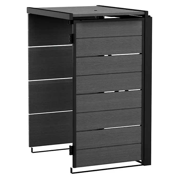 Keter Erweiterung für Mülltonnenbox Hide Away Extension - Passend für: Keter Mülltonnenbox Hide Away, Grau - Dunkelgraue Lamellen-Gartenbox mit schwarzem Rahmen, teilweise geöffnet.