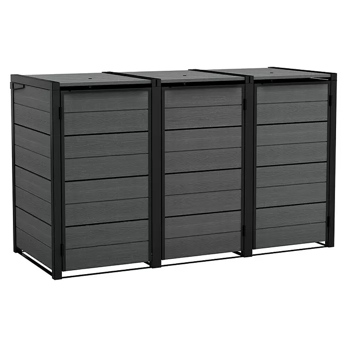 Keter Mülltonnenbox Hide Away + Erweiterung - 224,1 x 110 cm, Verbundwerkstoff, Grau, Geeignet für Anzahl Mülltonnen: 3 Stk. - Drei dunkelgraue Outdoor-Aufbewahrungsschränke in Holzoptik mit schwarzen Metallrahmen.