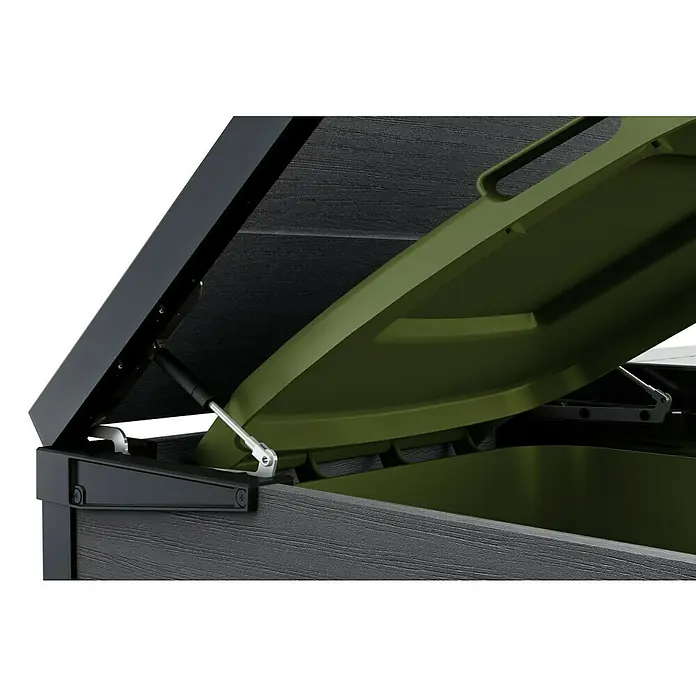 Keter Mülltonnenbox Hide Away + Erweiterung - 224,1 x 110 cm, Verbundwerkstoff, Grau, Geeignet für Anzahl Mülltonnen: 3 Stk. - Detailaufnahme des Deckels einer Aufbewahrungsbox mit Gasdruckfeder, die das Öffnen und Schließen erleichtert.