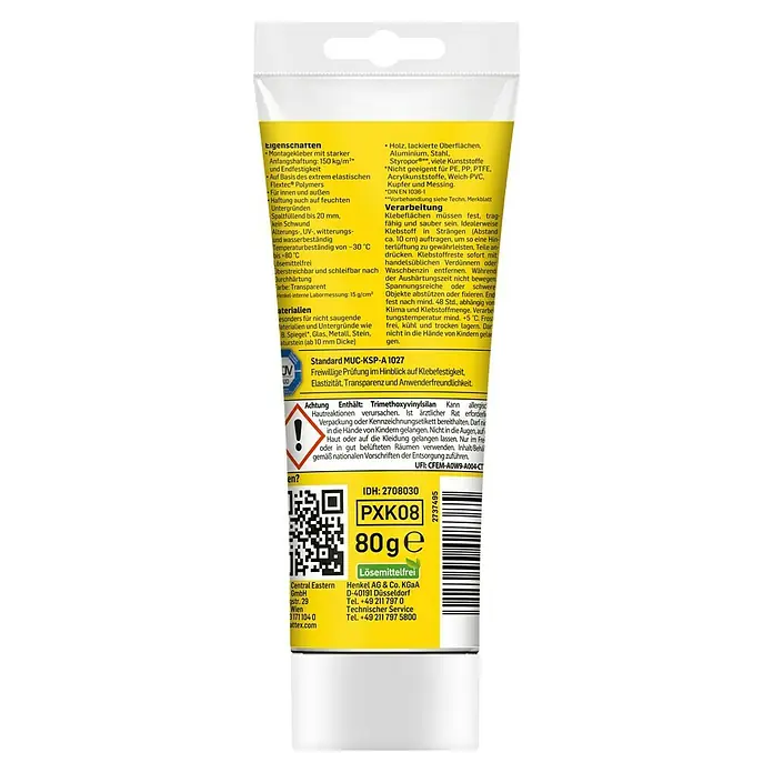 Pattex Montagekleber Special - 80 g - Nahaufnahme der Rückseite einer gelben Tube Baukleber, die Details zu Eigenschaften und Verwendung hervorhebt.
