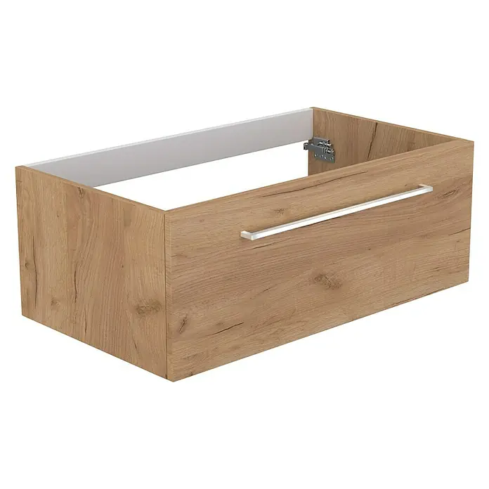 Camargue Espacio Waschtischunterschrank - 80 x 46 x 30 cm, Doce - Abbildung eines Unterschranks in Holzoptik mit einem silbernen Griff und einer weißen Innenseite.