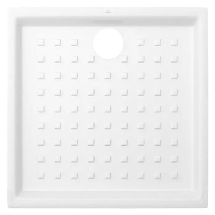 Villeroy & Boch O.novo Duschwanne - L x B: 90 x 90 cm, Keramik, Weiß, Rutschfest - Quadratische, weiße Duschwanne mit Abfluss in der Mitte und Noppen auf der Oberfläche. Das Produkt ist modern und funktional.