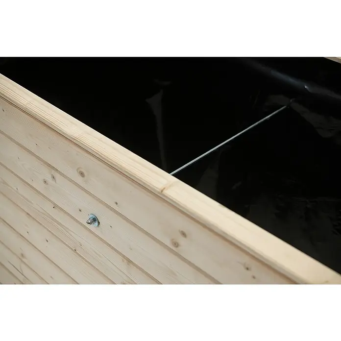 Westmann Hochbeet Asket M - 70 x 110 x 90 cm, Holz, Natur - Nahaufnahme eines hölzernen Pflanzgefäßes mit einer dunklen Auskleidung, ideal für den Garten oder die Terrasse.