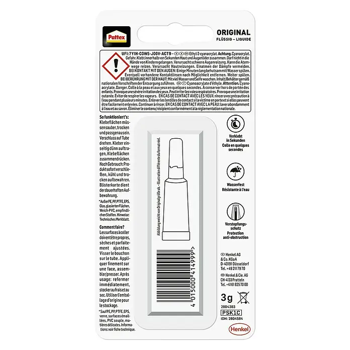 Pattex Sekundenkleber Flüssig - 3 g, Flüssig, Tube, 1 Stk. - Pattex Sekundenkleber Original: Flüssigkleber für schnelle und wasserfeste Verklebungen mit Verstopfungsschutz.