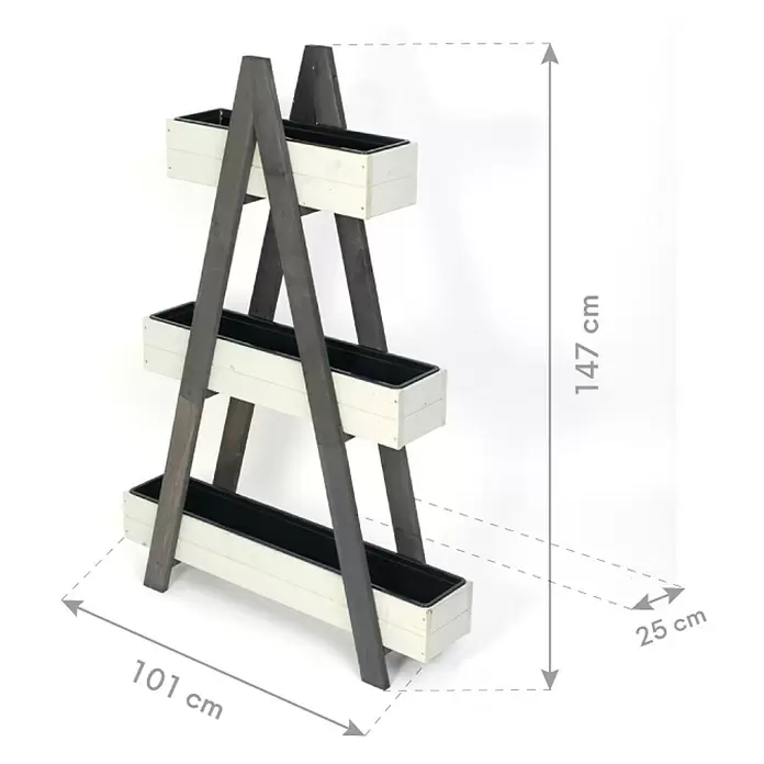 Westmann Hochbeet Ella - L x B x H: 101 x 25 x 147 cm, Holz, Grau/Weiß - Hölzernes A-Rahmen-Pflanzregal mit drei weißen Kästen und schwarzen Einsätzen. H:147cm, B:101cm, T:25cm.