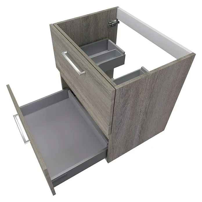 Camargue Espacio Waschtischunterschrank - 60 x 46 x 60 cm, 2 Schubkästen, Faro - Abbildung eines modernen Waschtischunterschranks mit Schubladen in Holzoptik und grauem Innenleben.