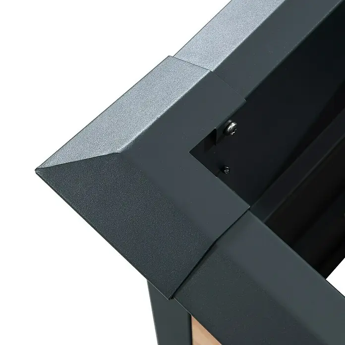 Westmann Hochbeet Primus M - 50 x 100 x 77 cm, Metall, Anthrazit/Braun - Detailansicht der grauen Ecke einer modularen Gartenbox. Die Ecke ist durch Schrauben befestigt und zeigt eine robuste Bauweise.