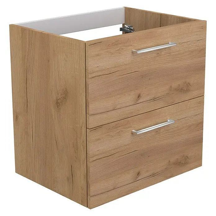 Camargue Espacio Waschtischunterschrank - 60 x 46 x 60 cm, 2 Schubkästen, Doce - Ein moderner Waschtischunterschrank in Holzoptik mit zwei Schubladen und silbernen Griffen. Ideal für jedes Badezimmer.