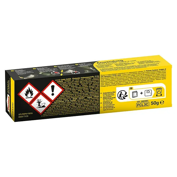 Pattex Kontakt Kraftkleber Classic - 50 g, Tube - Abbildung der Verpackung von Pattex Classic Klebstoff, mit Warnhinweisen und Entsorgungssymbolen.