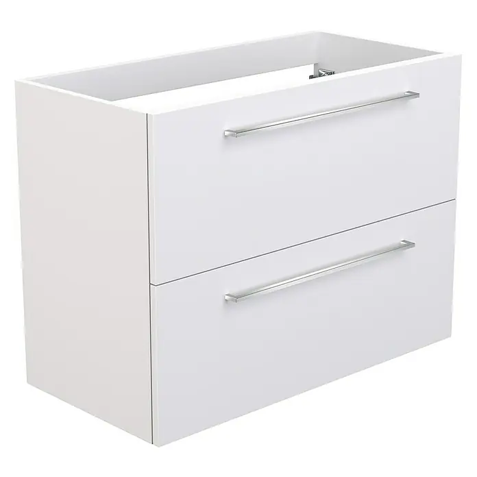 Camargue Espacio Waschtischunterschrank - 80 x 40 x 60 cm, 2 Schubkästen, Mira - Ein weißer Waschbeckenunterschrank mit zwei Schubladen und Chromgriffen, der sowohl stilvoll als auch funktional ist.