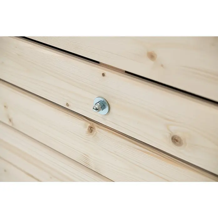 Westmann Hochbeet Asket L - 70 x 130 x 90 cm, Holz, Natur - Detailaufnahme einer hellen Holzkonstruktion, gesichert mit einer silbernen Schraube mit Unterlegscheibe und Mutter. Die Holzmaserung ist deutlich sichtbar.
