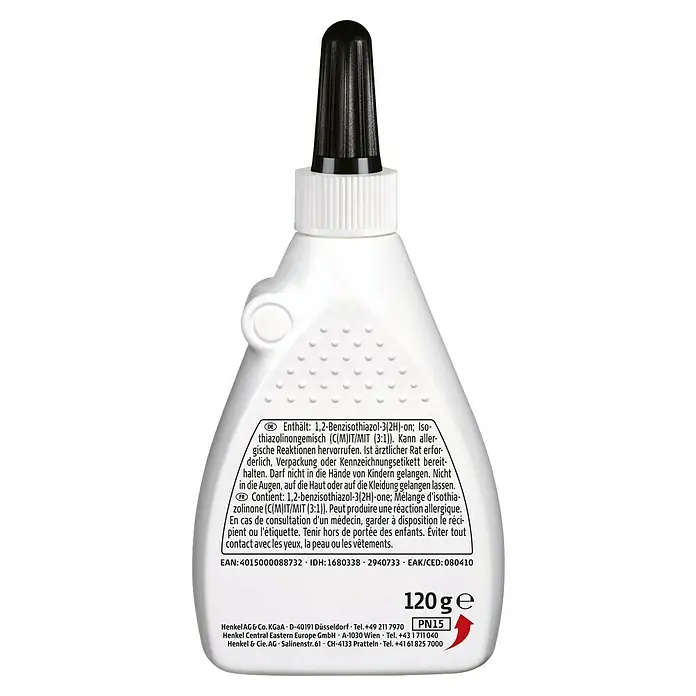 Ponal Holzleim Classic - 120 g, Lösemittelfrei - Weiße Flasche mit schwarzem Applikatoraufsatz, Etikett mit Warnhinweisen und Inhaltsangaben.