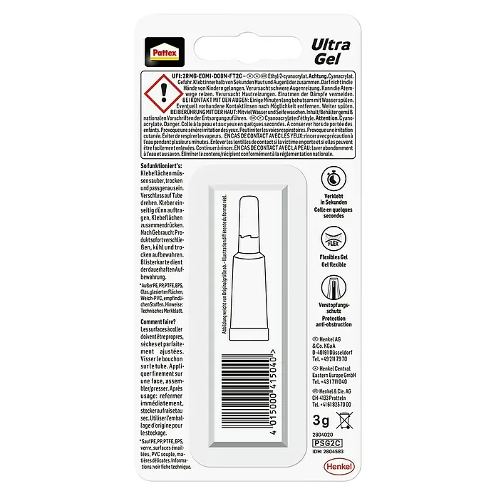 Pattex Sekundenkleber Ultra Gel - 3 g, Tube, Gelartig, 1 Stk. - Produktabbildung: Pattex Ultra Gel Klebstoff, ideal für schnelle und flexible Verklebungen. Schützt vor Verstopfung.