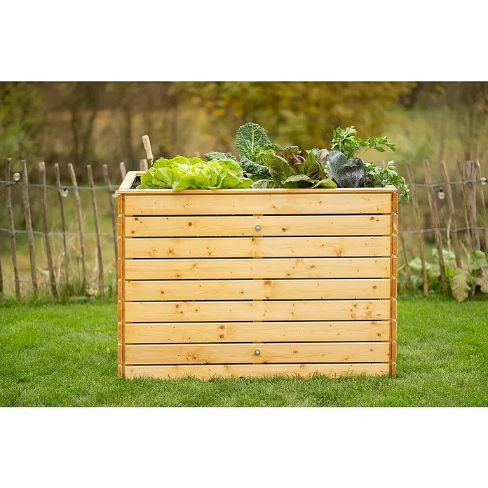 Westmann Hochbeet Asket L - 70 x 130 x 90 cm, Holz, Natur - Hochbeet aus Holz mit verschiedenen Gemüsesorten wie Salat und Kohl, ideal für den Anbau im Garten oder auf der Terrasse.