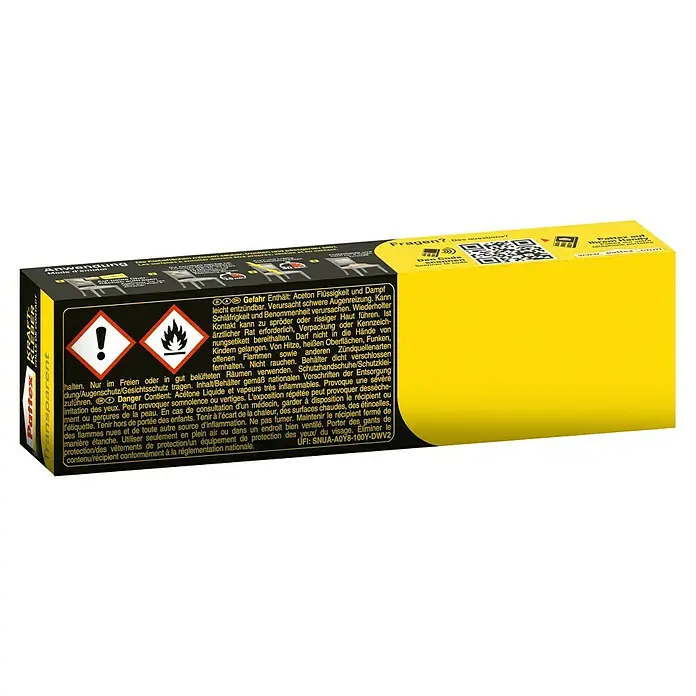 Pattex Kraftkleber Transparent - 125 g, Tube - Die Verpackung des Pattex Transparent Kraftklebers, mit Anweisungen und Warnhinweisen auf Deutsch und Französisch.