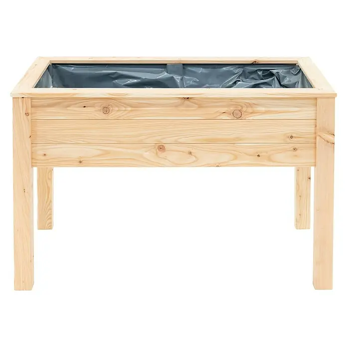 Westmann Hochbeet Emily - 65 x 120 x 72 cm, Holz, Natur - Ein rustikaler, hölzerner Hochbeet-Pflanzkasten mit einer schwarzen Innenauskleidung, ideal für Gartenliebhaber und zur Dekoration im Freien.