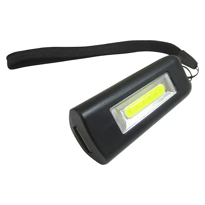 BAUHAUS Taschenlampe - 83 x 29 x 18 mm, 80 lm, IP20 - Nahaufnahme einer schwarzen, wiederaufladbaren LED-Taschenlampe mit Handschlaufe, ideal für den täglichen Gebrauch.