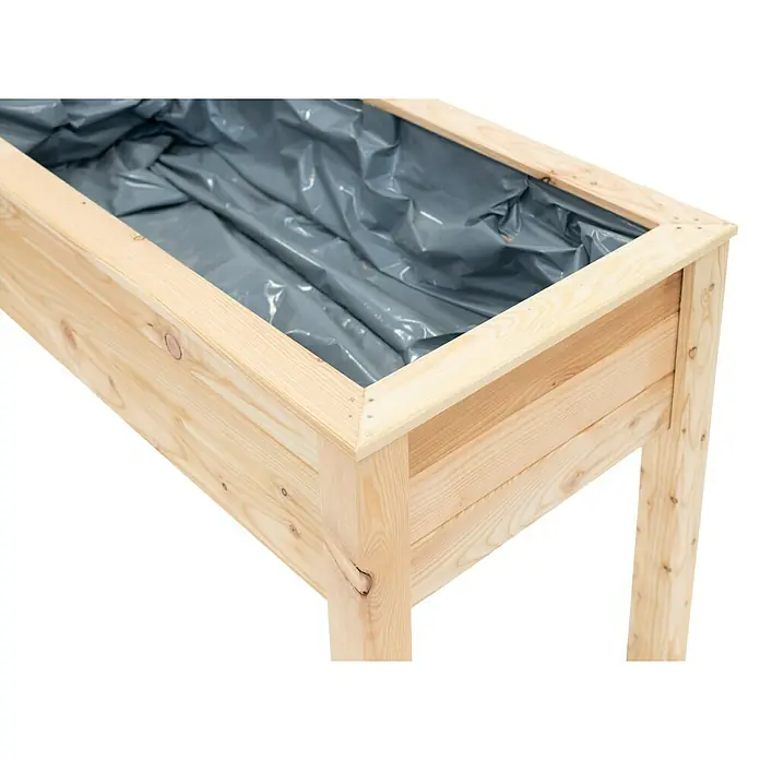 Westmann Hochbeet Emily - 65 x 120 x 72 cm, Holz, Natur - Nahaufnahme eines erhöhten Pflanzkastens aus Holz mit grauer Auskleidung, ideal für den Garten oder die Terrasse.
