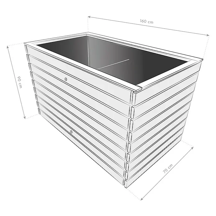 Westmann Hochbeet Asket XL - 70 x 160 x 90 cm, Holz, Natur - Das Bild zeigt einen Pflanzkasten mit den Maßen 160x70x90 cm. Der Kasten ist aus horizontalen Holzbrettern gefertigt und wirkt sehr stabil.