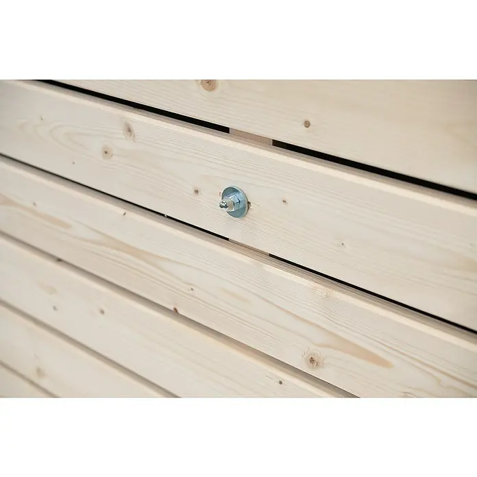 Westmann Hochbeet Asket M - 70 x 110 x 90 cm, Holz, Natur - Nahaufnahme einer hellen Holzfassade mit einer metallenen Schraube, die ein modernes und funktionales Detail des Designs hervorhebt.