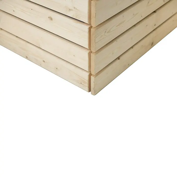 Westmann Hochbeet Asket M - 70 x 110 x 90 cm, Holz, Natur - Das Bild zeigt eine Nahaufnahme einer hölzernen Pflanzkiste, deren helle Holzstruktur und präzise Bauweise im Detail zu erkennen sind.