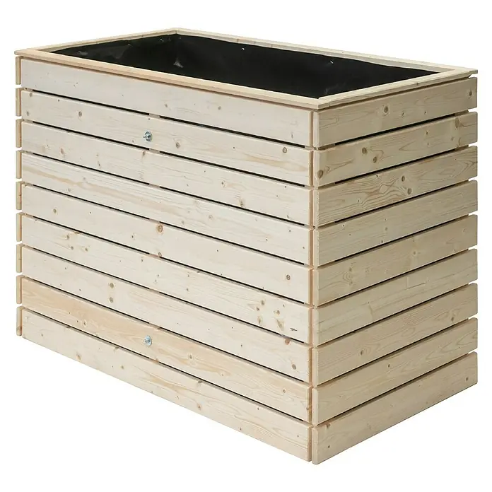 Westmann Hochbeet Asket L - 70 x 130 x 90 cm, Holz, Natur - Ein rechteckiger, erhöhter Pflanzkasten aus hellem Holz mit schwarzem Einsatz, ideal für Garten oder Terrasse.