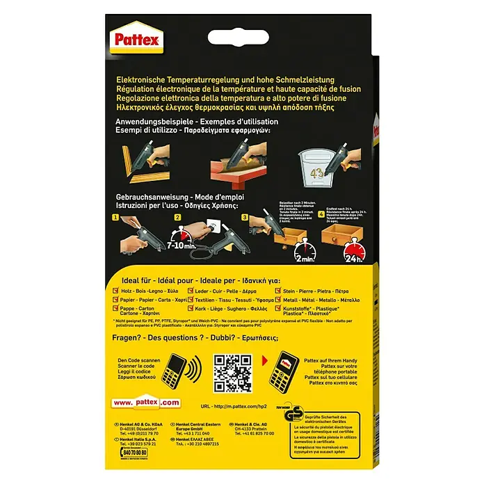 Pattex Heißklebepistole Hot Supermatic - Aufheizzeit: 7 min - 10 min - Pattex Klebepistole Verpackungsrückseite.