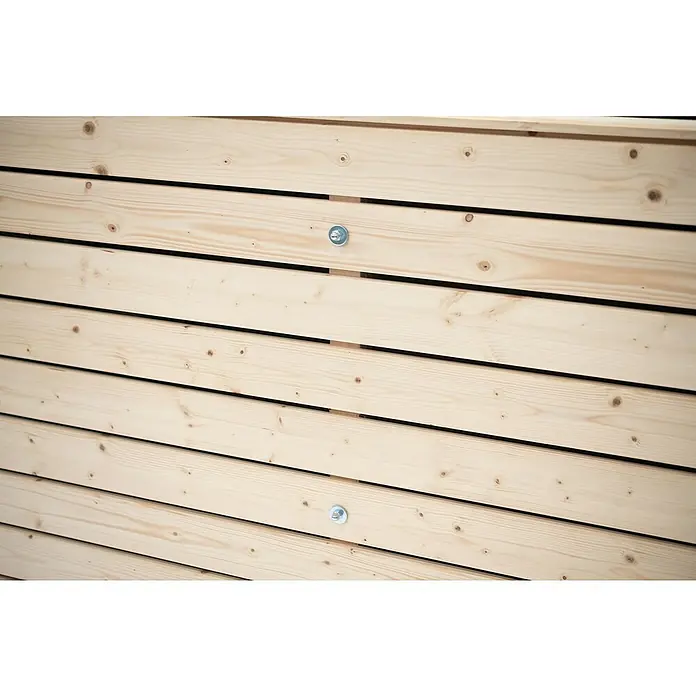 Westmann Hochbeet Asket XL - 70 x 160 x 90 cm, Holz, Natur - Detailansicht einer hellen Holzfassade mit horizontalen Brettern und sichtbaren Schrauben, die die natürliche Holzmaserung hervorhebt.