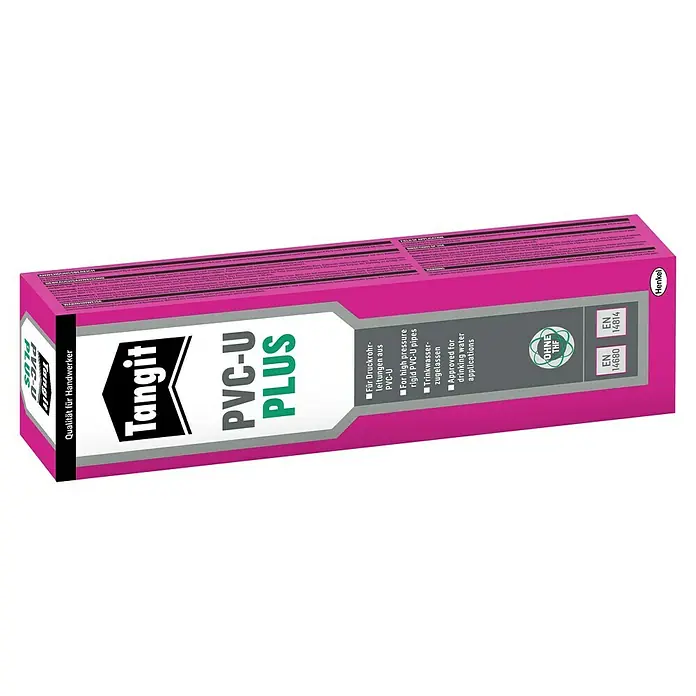 Tangit PVC-U-Klebstoff Plus - 125 g - Bild einer Packung Tangit PVC-U PLUS Kleber, geeignet für Hochdruck PVC-U Rohre und Trinkwasseranwendungen, mit Henkel-Logo.