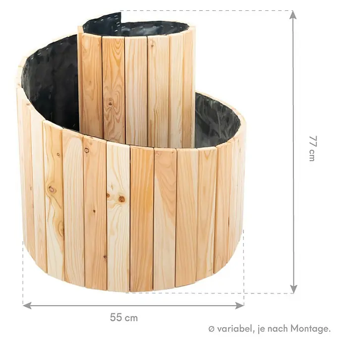 Westmann Kräuterspirale Luise - Ø x H: 55 x 77 cm - Bild eines spiralförmigen Kräuterbeets aus Holz mit Maßangaben, die Höhe beträgt 77 cm und der Durchmesser 55 cm.