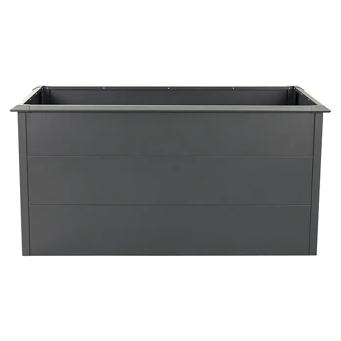 Westmann Hochbeet Primus L - 75 x 150 x 77 cm, Stahl, Anthrazit - Nahaufnahme eines modernen, rechteckigen, grauen Pflanzgefäßes mit horizontalen Linien, das sich ideal für den Außenbereich eignet.