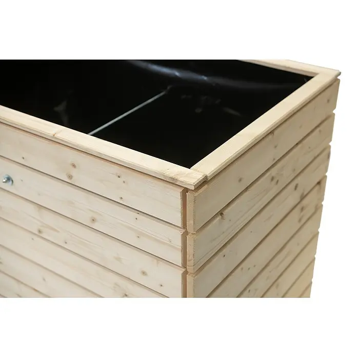 Westmann Hochbeet Asket M - 70 x 110 x 90 cm, Holz, Natur - Nahaufnahme eines hölzernen Hochbeets mit schwarzem Innenfutter, das sich ideal für den Garten oder die Terrasse eignet.