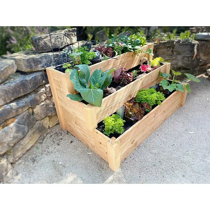 Westmann Stufenbeet Anna - L x B x H: 120 x 76 x 64 cm, Natur - Mehrstufiger Pflanzkasten aus Holz mit verschiedenen Pflanzen auf jeder Ebene, ideal für kleine Gärten.