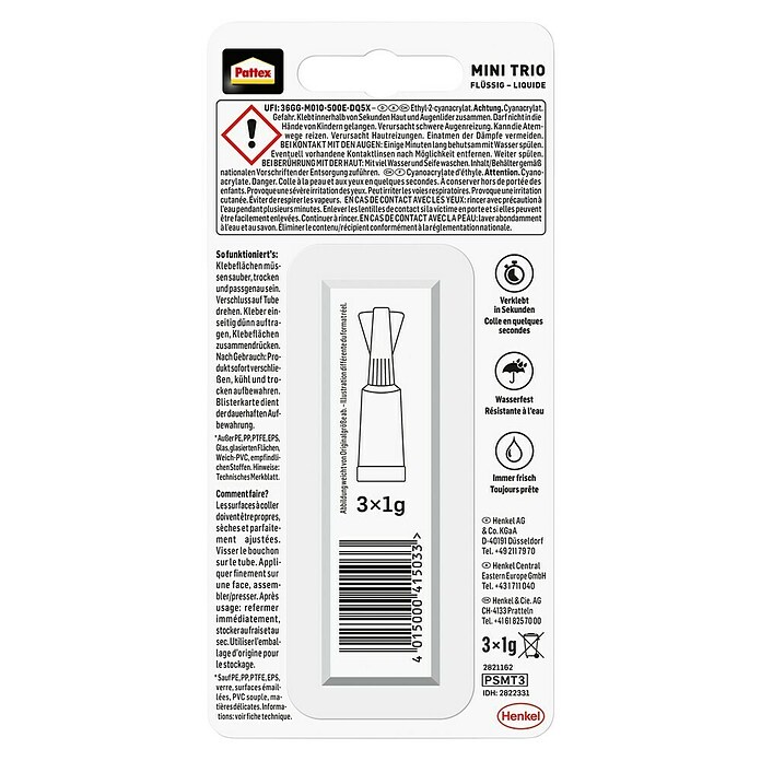 Pattex Sekundenkleber Mini Trio (3 x 1 g, Flüssig)