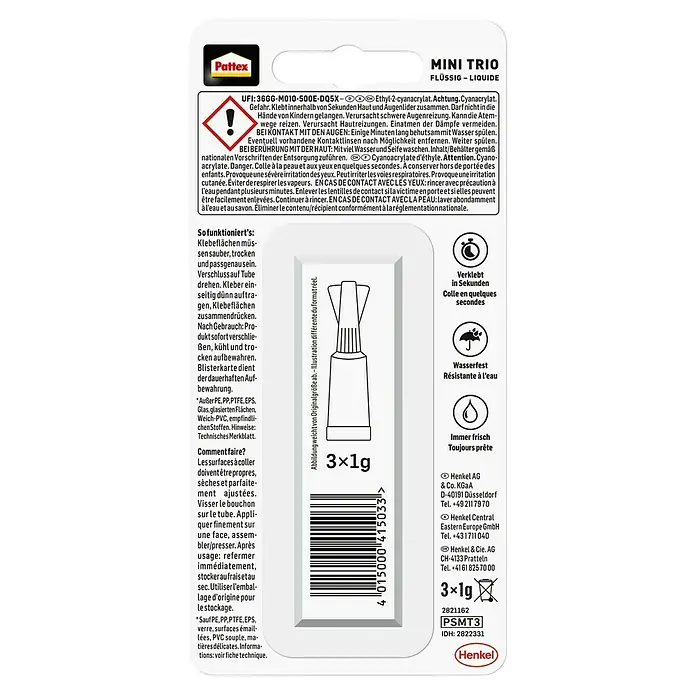 Pattex Sekundenkleber Flüssig Mini Trio - 1 g, Flüssig, Tube - Pattex Mini Trio Sekundenkleber: 3 Tuben Flüssigkleber für schnelle, wasserfeste Verklebungen im Haushalt und Modellbau.