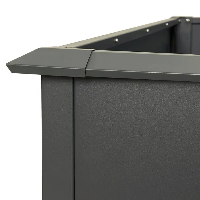 Westmann Hochbeet Primus L - 75 x 150 x 77 cm, Stahl, Anthrazit - Detailaufnahme eines robusten, grauen Pflanzkübels mit verstärkten Ecken, ideal für den Außenbereich.