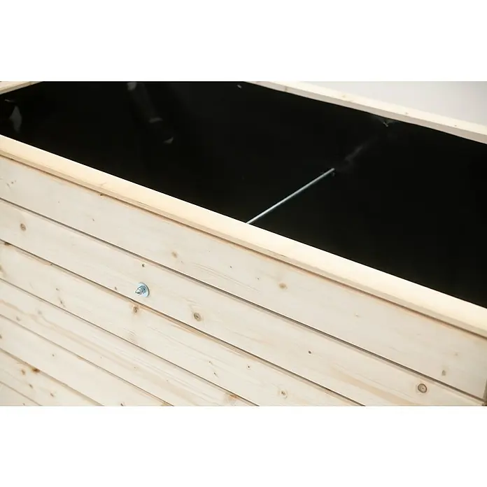 Westmann Hochbeet Asket L - 70 x 130 x 90 cm, Holz, Natur - Nahaufnahme eines Holzpflanzgefäßes mit schwarzer Auskleidung, das die natürliche Maserung des Holzes und die Konstruktionsdetails hervorhebt.