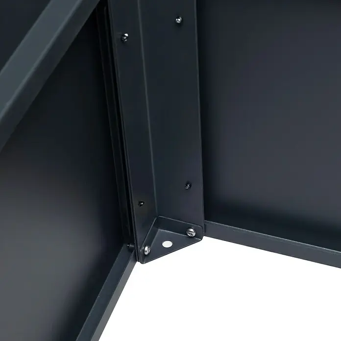 Westmann Hochbeet Primus L - 75 x 150 x 77 cm, Metall, Anthrazit/Braun - Detailaufnahme einer schwarzen Metallkonstruktion mit Schrauben, die eine robuste Bauweise zeigt.\n