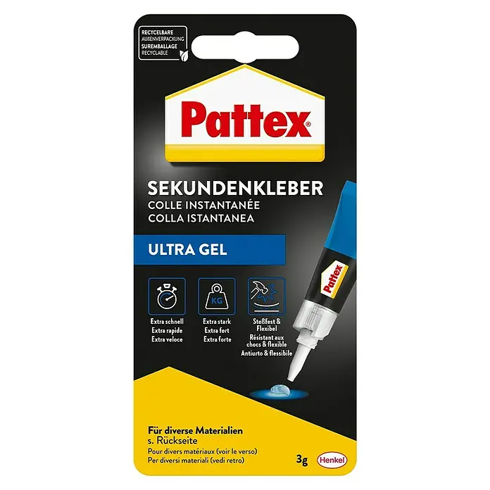 Pattex Sekundenkleber Ultra Gel - 3 g, Tube, Gelartig, 1 Stk. - Bild einer Packung Pattex Sekundenkleber Ultra Gel, der schnell, stark und flexibel ist und für verschiedene Materialien geeignet ist.