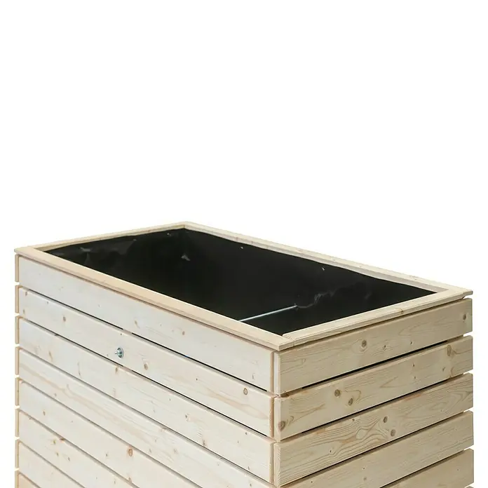Westmann Hochbeet Asket L - 70 x 130 x 90 cm, Holz, Natur - Nahaufnahme eines hölzernen Hochbeets mit schwarzer Auskleidung, das sich ideal für den Garten oder die Terrasse eignet. Die Holzstruktur bietet Stabilität und ein schönes Aussehen.