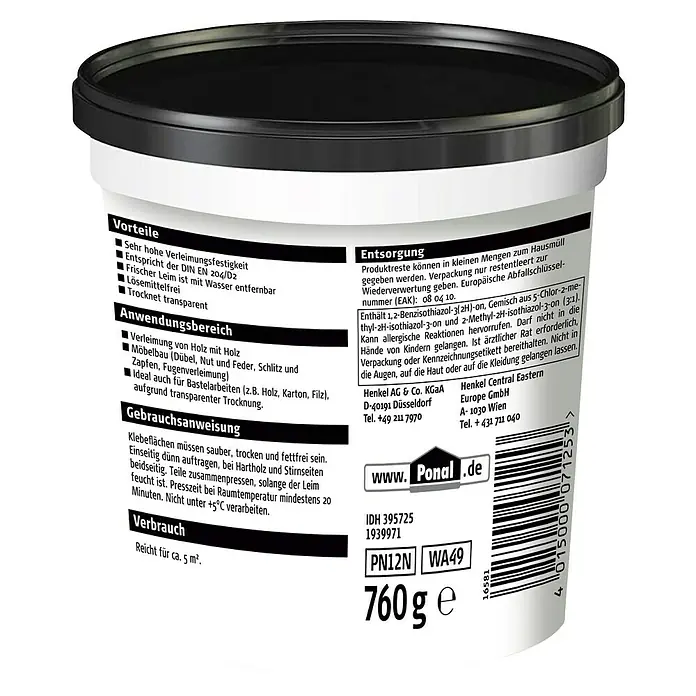 Ponal Holzleim Classic - 760 g, Lösemittelfrei - Ein weißer Eimer Ponal Holzkleber, ideal zum Verkleben von Holz, Möbeln und Bastelarbeiten, mit Hinweisen zu Vorteilen und Anwendung.
