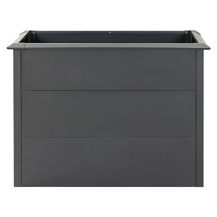 Westmann Hochbeet Primus M - 50 x 100 x 77 cm, Metall, Anthrazit - Detailaufnahme eines modernen, rechteckigen Pflanzkübels aus Metall in Anthrazit, ideal für den Außenbereich. Der Kübel besticht durch sein schlichtes, geradliniges Design.
