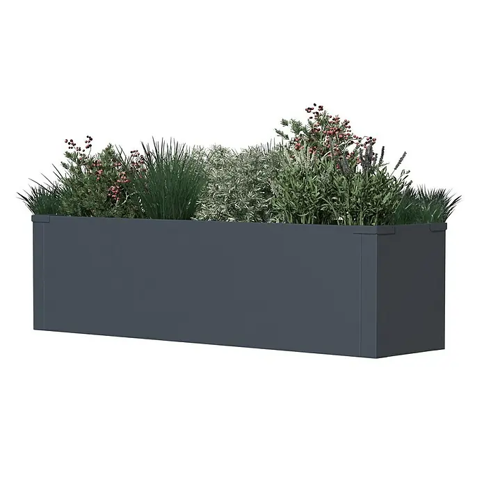 Westmann Pflanzkasten Talus M - L x B x H: 25 x 100 x 27 cm, Metall, Anthrazit - Bild einer grauen, rechteckigen Pflanzkiste mit verschiedenen Pflanzen, die für den Außenbereich geeignet ist. Die Pflanzkiste ist modern und stilvoll gestaltet.