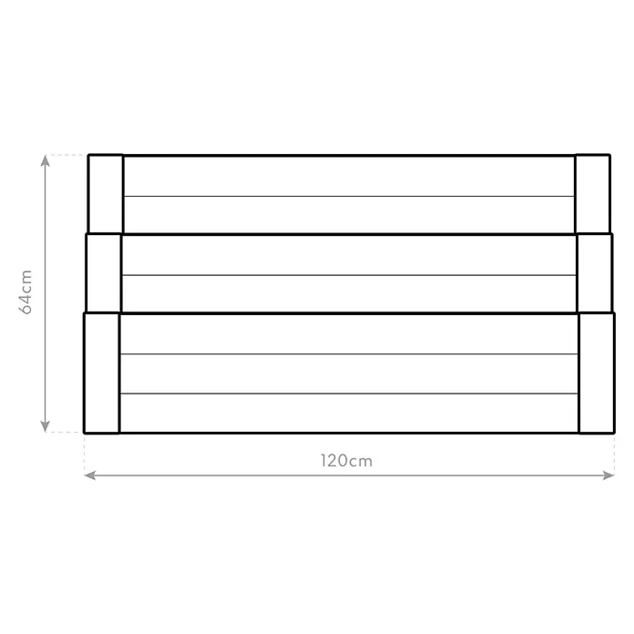 Westmann Stufenbeet Anna - L x B x H: 120 x 76 x 64 cm, Natur - Abbildung einer rechteckigen Holzkiste mit den Maßen 120 cm Länge und 64 cm Höhe. Die Kiste hat drei Ebenen mit horizontalen Holzlatten.